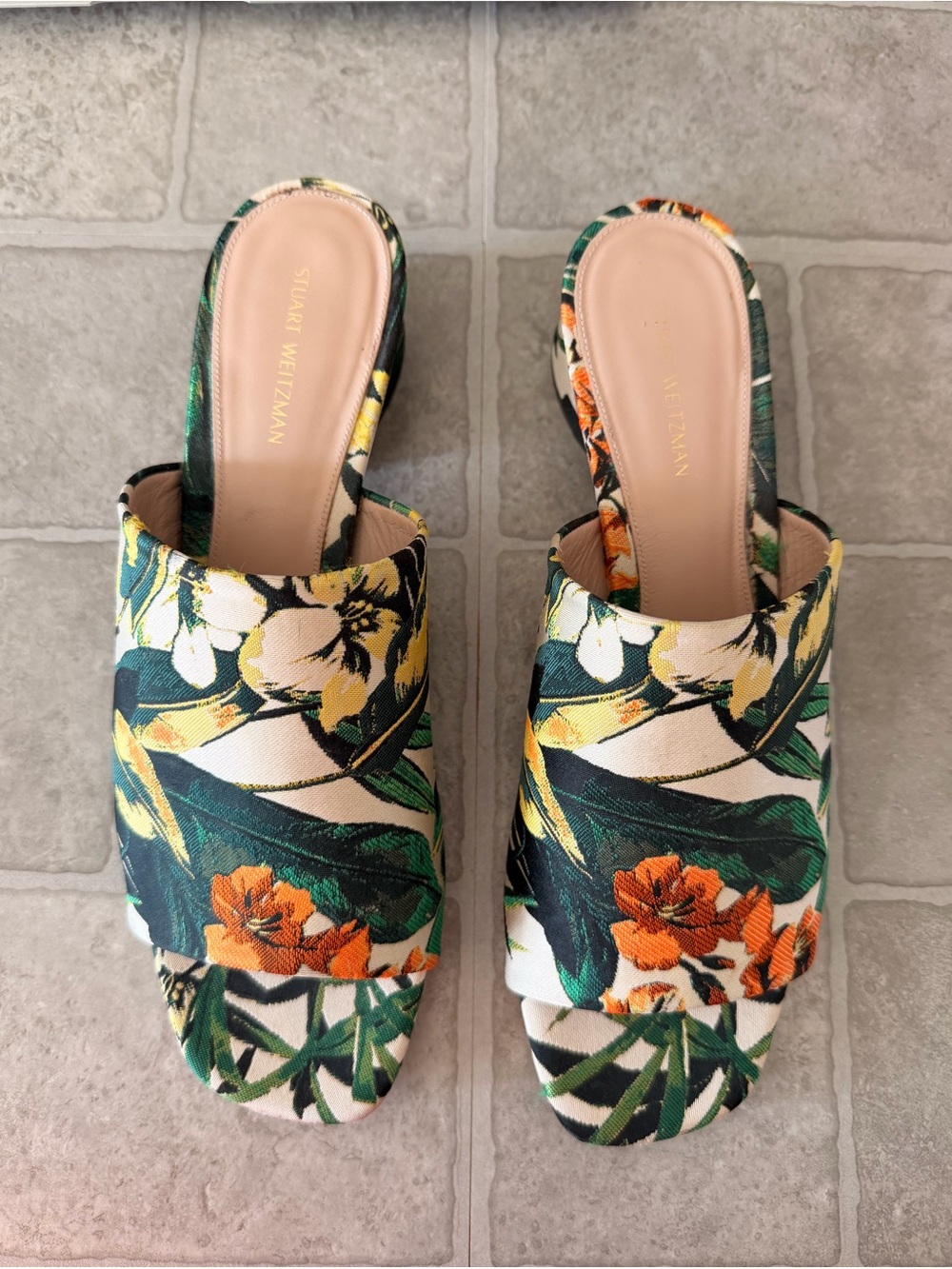 Rare Stuart Weitzman Embroidered Floral Slide Sandals in Multi-Color